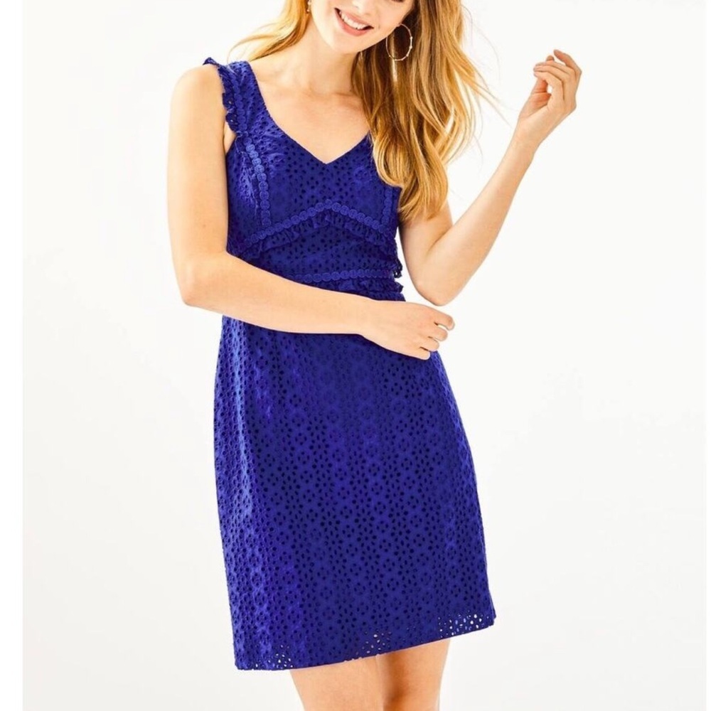 Lilly Pulitzer Blue Lapis Kaylee Shift Eyelet Dress Mini Preppy Coastal Nautical